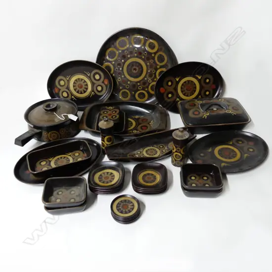 MULTIPLE DENBY 'ARABESQUE' SERVING DISHES, PLATTERS & SALT & PEPPER, FAULTS (32)