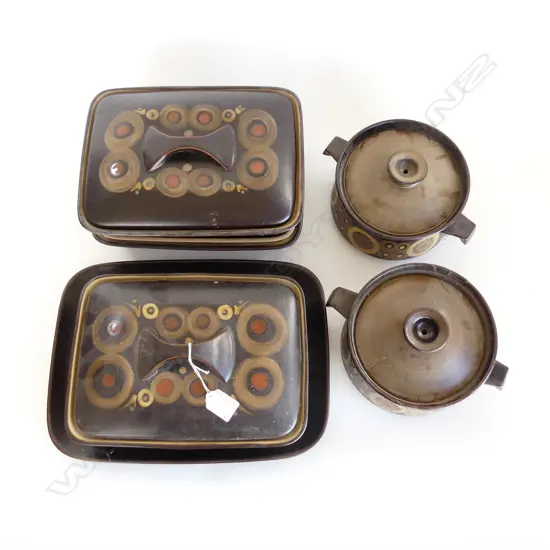 7 PCES DENBY 'ARABESQUE'; 2 PLATTERS 350x260mm, 3 LIDDED DISHES (1 LID REPAIRED) + 2 LIDDED TUREENS (1 REPAIRED)