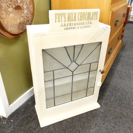 LEAD LIGHT DECO CABINET w. STENCIL 'FRYS MILK CHOCOLATE' 430x185x650mm