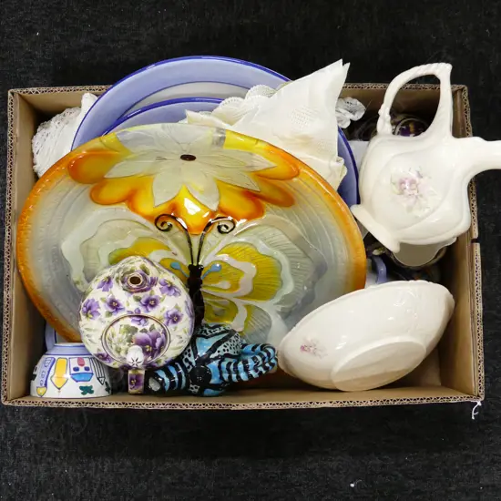 BOX LOT ASST. CHINA, LINENS, GLASS BUTTERFLY BOWL 400mm