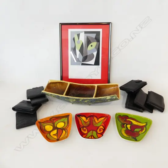 BOX LOT WALLETS, IKEBANA VASE, 3 POOLE DISHES, FRIZZELL PRINT