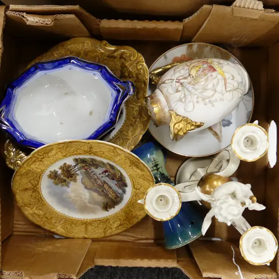 BOX – CHINA PRATT WARE, ROYAL DOULTON, RABBIT PLATES, CANDELABRA ETC