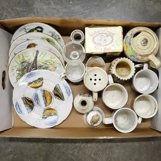 BOX LOT CHINA MUGS PLATES BELLS ETC