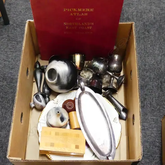 BOX MISC INCL. OLD ATLAS,  ART GLASS, TREEN, POTTERY, SILVER PLATE ETC..