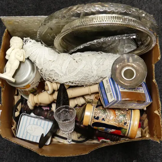 BOX LOT MISC INCL GLASS, CHINA, SILVER PLATE ETC..