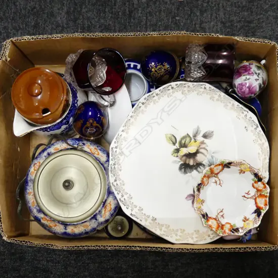BOX LOT OF CHINA BLUE WHITE BISCUIT BARREL ETC 