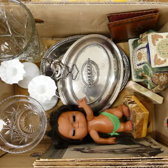 ASST INCL ELEPHANT PLANT STAND, CRYSTAL VASES, SILVER PLATE, OLD 'MAKING NZ' PICTORIALS ETC..