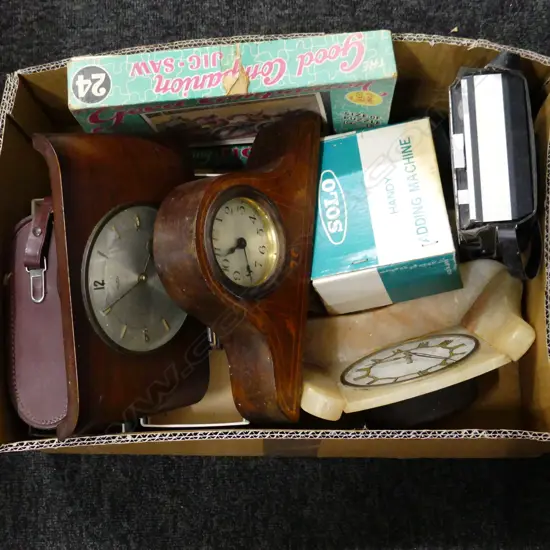 BOX LOT 3 DECO CLOCKS, ZEISS FIELD GLASSES ETC