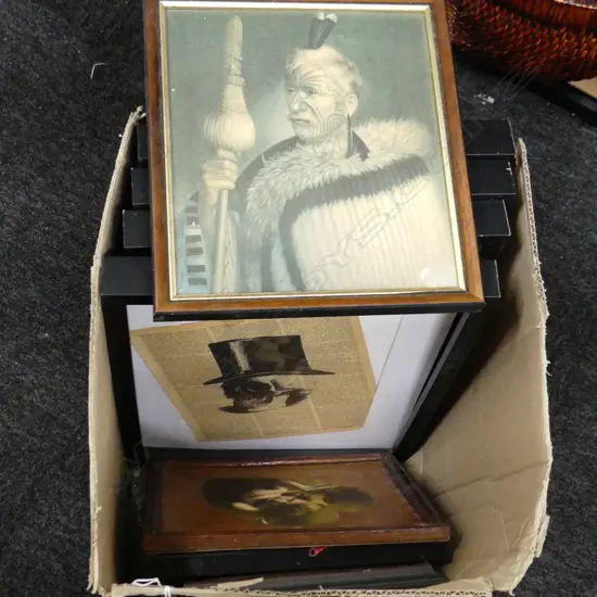 BOX LOT EIGHT FRAMED WORKS. FOUR PRINTED IMAGES OVER BOOK PAGES. THREE GOLDIE PRINTS AND  ' CUPID AWAKE '