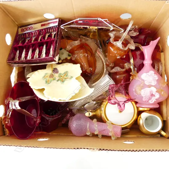 BOX LOT . EPERNE AND FAVRILE GLASS PARTS SOME DAMAGED. CHINA  AND SILVER PLATE. 