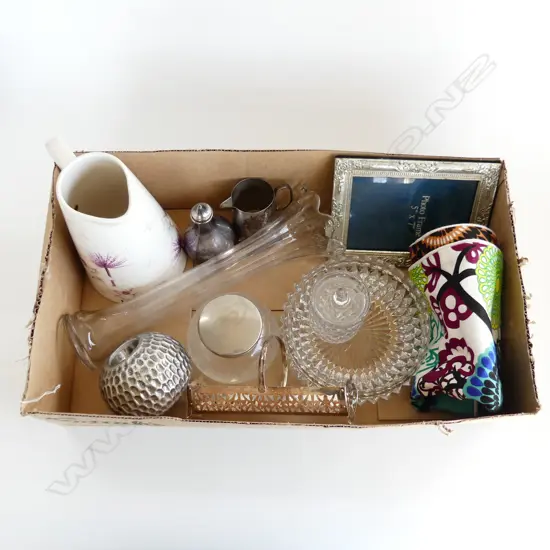 BOX – CRYSTAL, EPNS, FLORAL JUG, TRINKET BOWL, CUSHION COVERS ETC