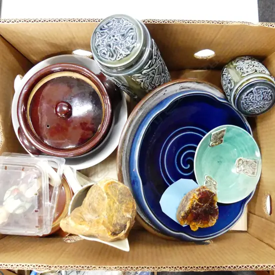 BOX LOT ASST. CERAMICS; 2 IRISH PORCELAIN LIDDED CONTAINERS, 2 PCES KAURI GUM ETC