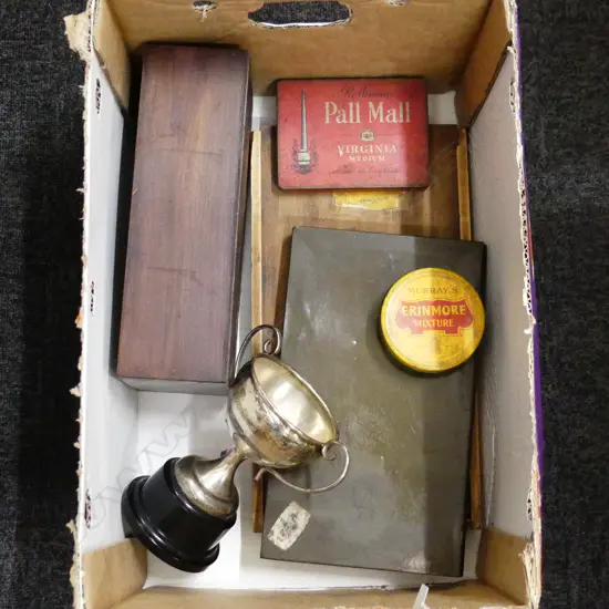OLD BOXES, TINS & AN OLD SILVER PLATE TROPHY