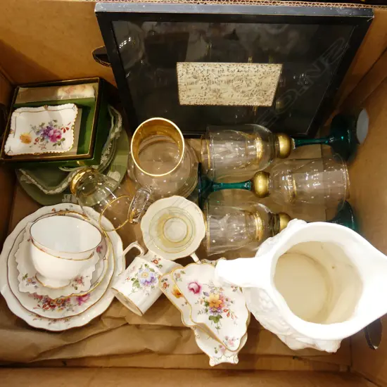 BOX LOT ASST. CHINA; WEDGWOOD, R. CROWN DERBY, JUG, CARVED ORIENTAL ARTWORK