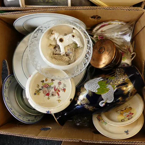 BOX LOT ASST. CHINA; PLATES, ORIENTAL VASE ETC