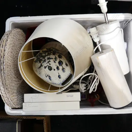 BOX LOT PR WHITE LAMPS, ORIENTAL ITEMS ETC