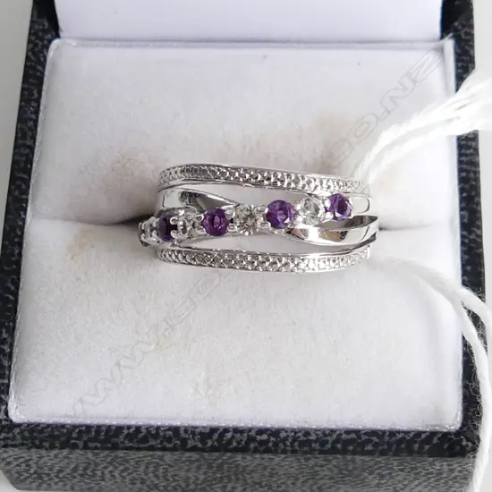 925 SILVER MHJ 4 BAND RING WITH 4 WHITE SAPPHIRES & AMETHYSTS