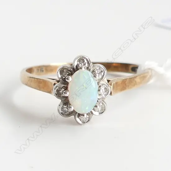 9ct CABOCHON OPAL & DIAMOND RING SIZE S