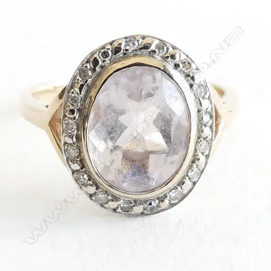 9CT PALE PINK STONE  & DIAMOND RING 3.4 GRAMS