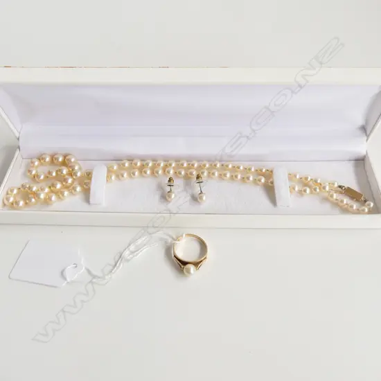 9CT GOLD PEARL RING/PEARL NECKLACE/PEARL STUD EARRINGS