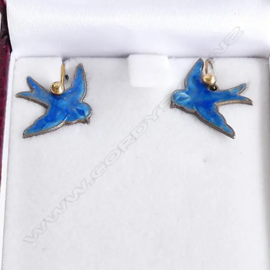 PR VINTAGE ENAMEL BLUE SWALLOW DROP EARRINGS 