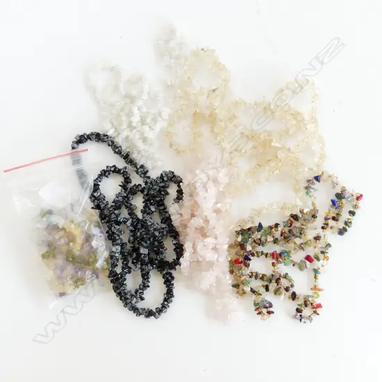 BAG MIXED GEMSTONE NECKLACES; CITRINE, ROSE QUARTZ, SNOWFLATE, OBSIDIAN 