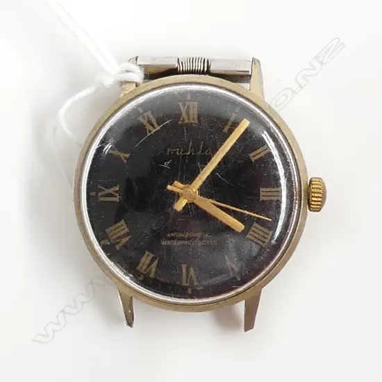c1940 RUHLA BLACK DIAL GENT'S WRISTWATCH antimagnetic gold plate apparently running