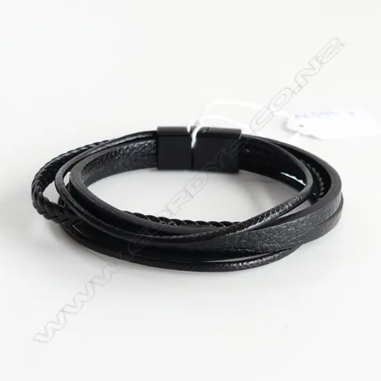 HAND WOVEN BLACK LEATHER BRACELET WITH BLACK MAGNETIC CLASP