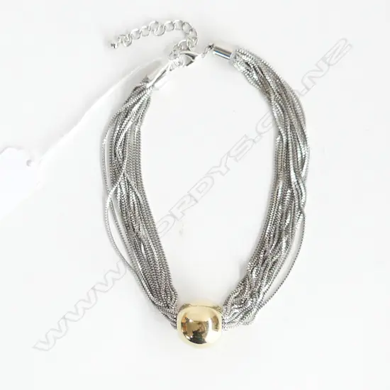 SILVER PLATE MULTI STRAND NECKLACE WITH LG GOLD GILT BALL