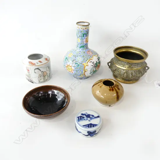 6 ASST. ORIENTAL PCES, ENAMEL VASE H.150mm, BRASS POT 100mm dia, 4 CERAMICS