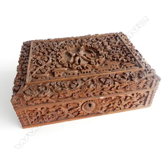 INDIAN CARVED WOODEN BOX DATED 1888 210x160mm