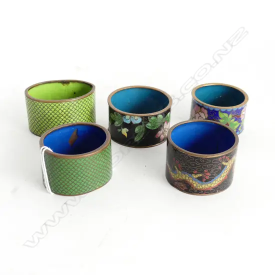 FIVE CLOISONNE NAPKIN RINGS – DRAGON, FLORAL ETC