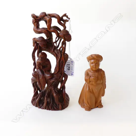 2 ORIENTAL CARVINGS; MAN IN TREE (RESIN) H.170mm / FIGURE H.100mm
