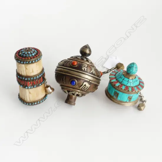  TIBETAN PRAYER WHEELS  + BONE TIBETAN MEDICINE CONTAINER 