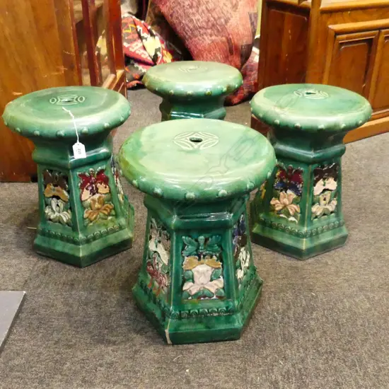 4 ORIENTAL GLAZED CERAMIC GARDEN STOOLS H.390mm