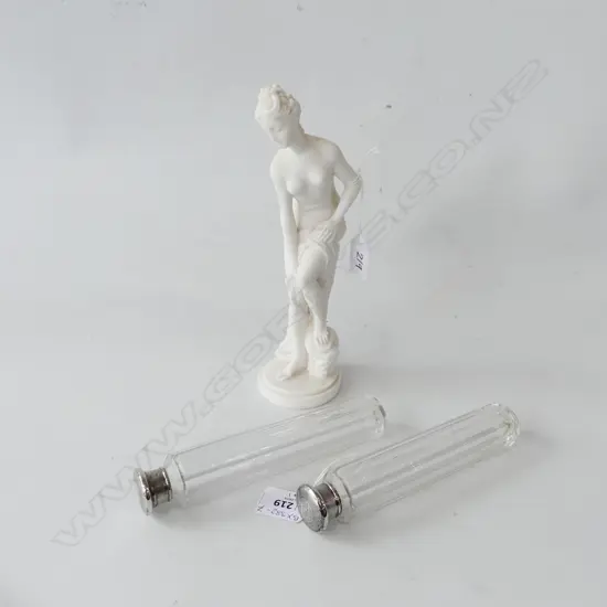 2 VINTAGE DRESSING TABLE BOTTLES, STG SILVER LIDS, H. 175mm + WHITE GRECIAN NAKED WOMAN  FIGURE H. 245mm