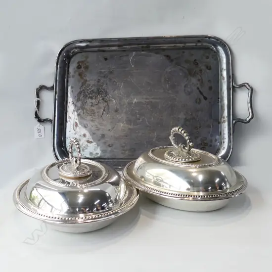 LG SILVER PLATE TRAY (545 X 345mm) + 2 SILVER PLATE LIDDED OVAL SERVING DISHES (L310mm)