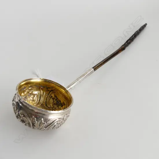 STG SILVER (UNMARKED) TODDY LADLE w. GEORGIAN COIN & TWISTED BALEEN HANDLE L.320mm