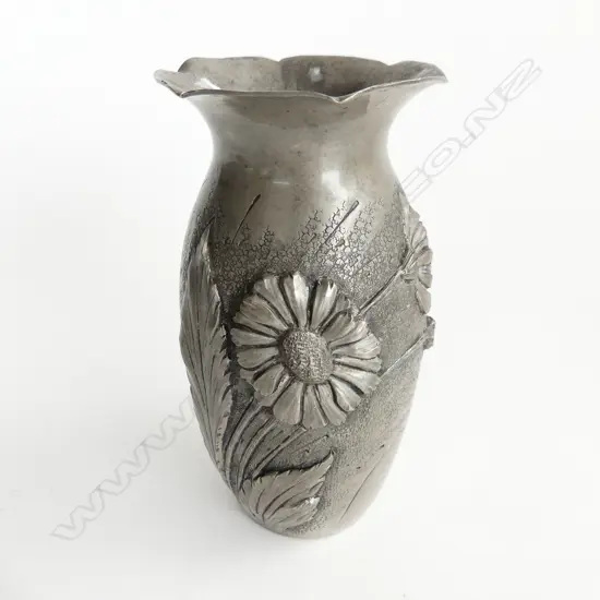 FRENCH ART NOUVEAU EMBOSSED PEWTER VASE BY R. RISPAL H. 150mm