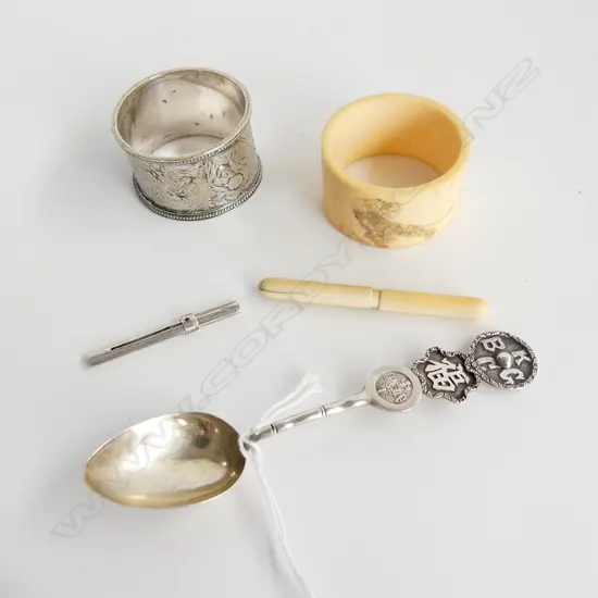 2 NAPKIN RINGS (IVORY & EP), CHINESE SILVER TEASPOON, 2 TOOTH PICKS; IVORY / GOLD & SILVER