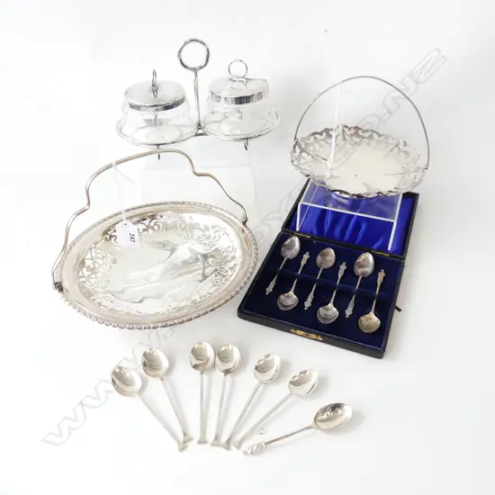SILVER ITEMS. INCLUDES 7 STERLING TEASPOONS 6 MATCHING. PLATED BOXED MONK SPOONS TWO SILVER PLATED TAZZAS AND CRUET