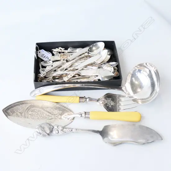 COLLECTION SILVER PLATE CUTLERY, LADLE, FAUX BONE FISH SERVERS, SPOONS ETC..