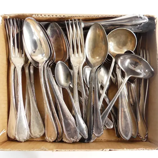 CHRISTOFLE  ASST SILVER PLATE SPOONS & FORKS, INCL CAKE FORKS, SERVING SPOON ETC..