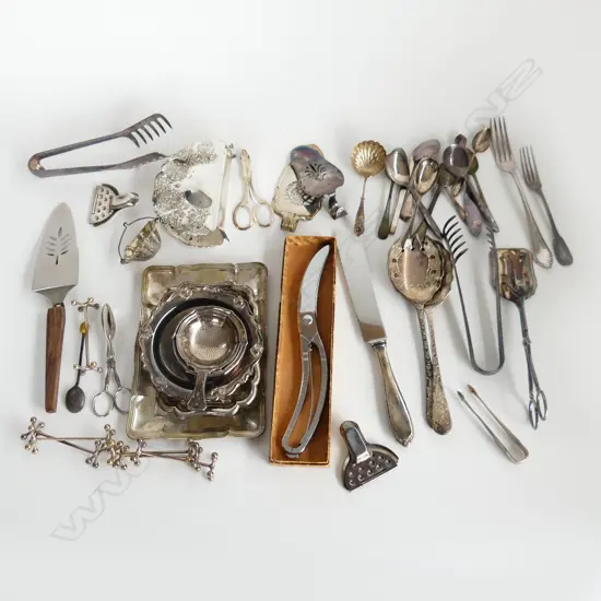 BOX ASST SILVER PLATE INCL, POULTRY SHEARS (IN BOX) SM DISHES, SERVING CUTLERY ETC..