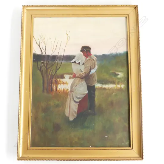 VINTAGE OIL ON CANVAS - COUPLE EMBRACING 290 X 395mm HOLES