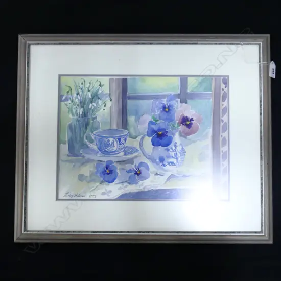 LESLEY HOLMES, W/C STILL LIFE w. PANSIES 265x365mm