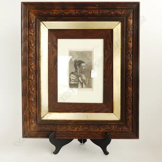 AFTER SYDNEY PARKINSON - HEAD OF A NEW ZEALAND WARRIOR 18TH C. ENGRAVING ORNATELY FRAMED