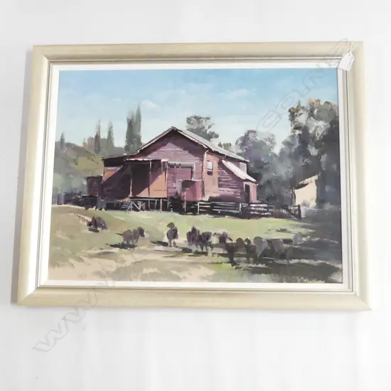 PETER WILLIAMS (AUST. / NZ 1934-2018) RED WOOLSHED, OIL ON BOARD, 440x590mm