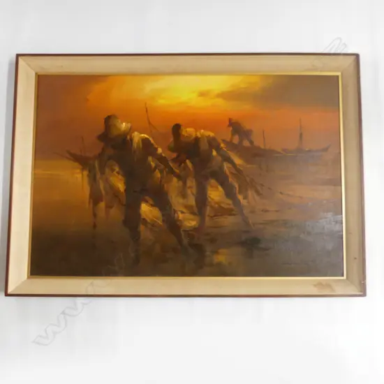 LG SIGNED RETRO FISHERMEN OIL ON CANVAS 595x910mm