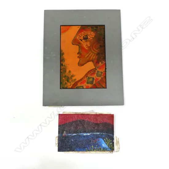 2 ALAN TAYLOR ARTWORKS; OIL ON BOARD 85x135mm, 'TANE' ACRYLIC ON FABRIC 200x120mm